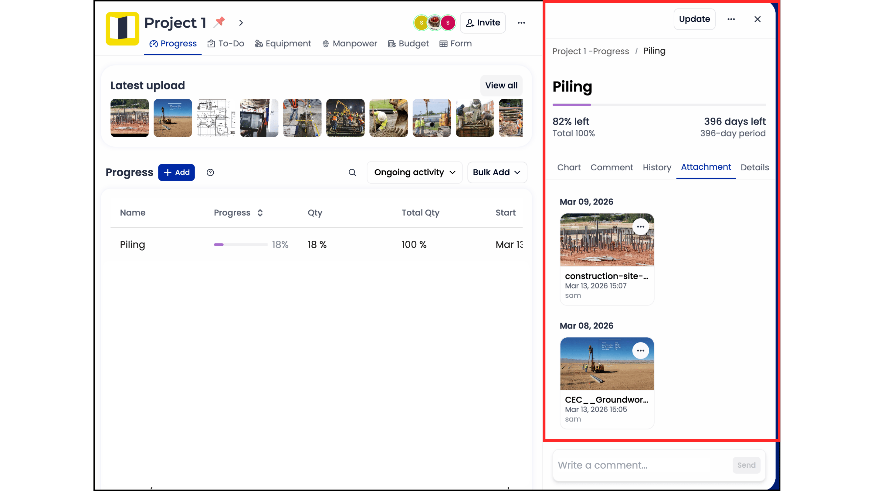 GoBuid interface_site diary with time series photos attached